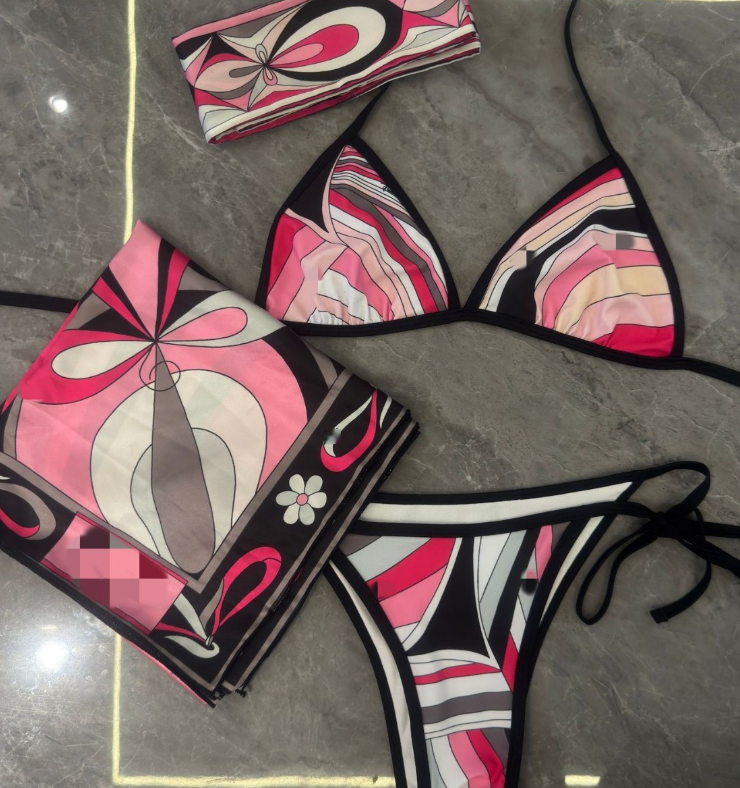 New STOCK Fashion 4 Pieces Swimwear With Headband Big Beach Scarfs Sexy Women Designer Bikini Set