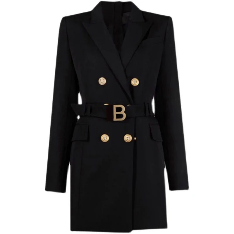 Blazer Dress with Belt Luxury Buttons with Back Zipper