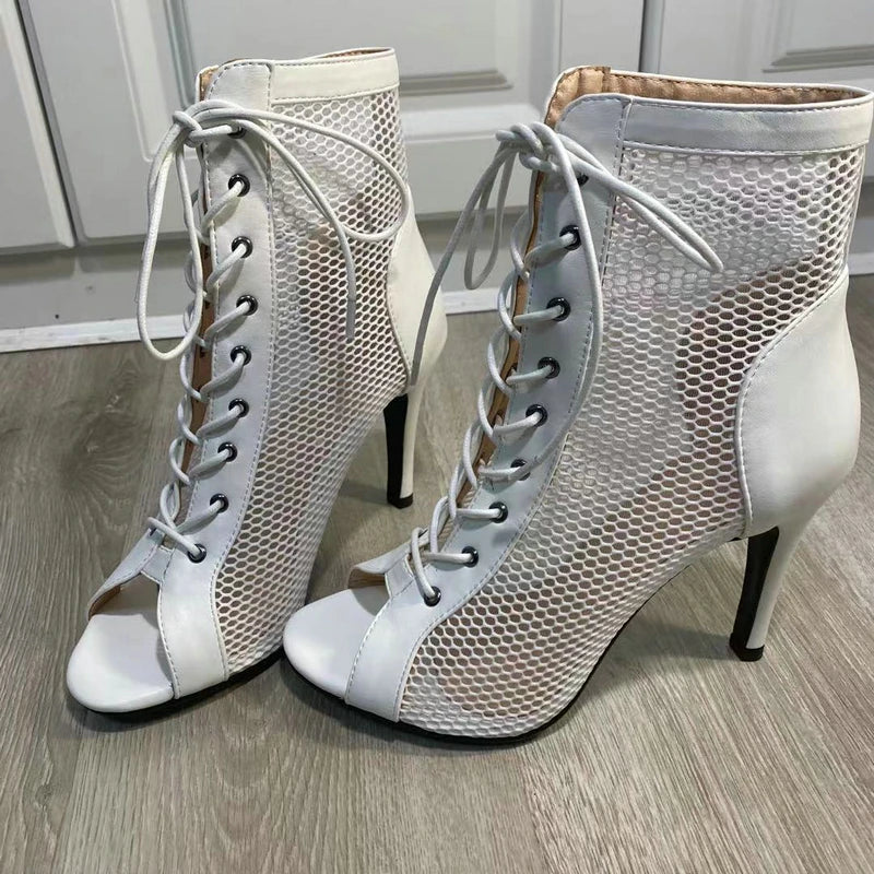 New Sexy High Heels Hollow Mesh Sandals Summer Fashion Trend Comfort Peep Toe Boots Stilettos Jazz Dance Female Shoes Plus Size