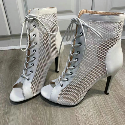 New Sexy High Heels Hollow Mesh Sandals Summer Fashion Trend Comfort Peep Toe Boots Stilettos Jazz Dance Female Shoes Plus Size