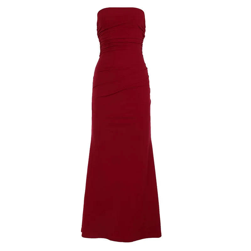Red Pleated Strapless Dress Clio