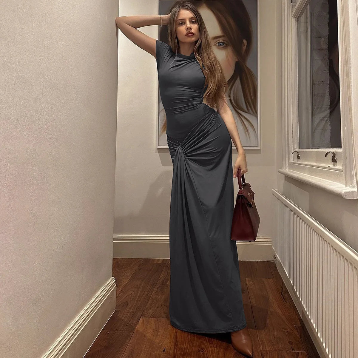 Front knot drape Long dress clio