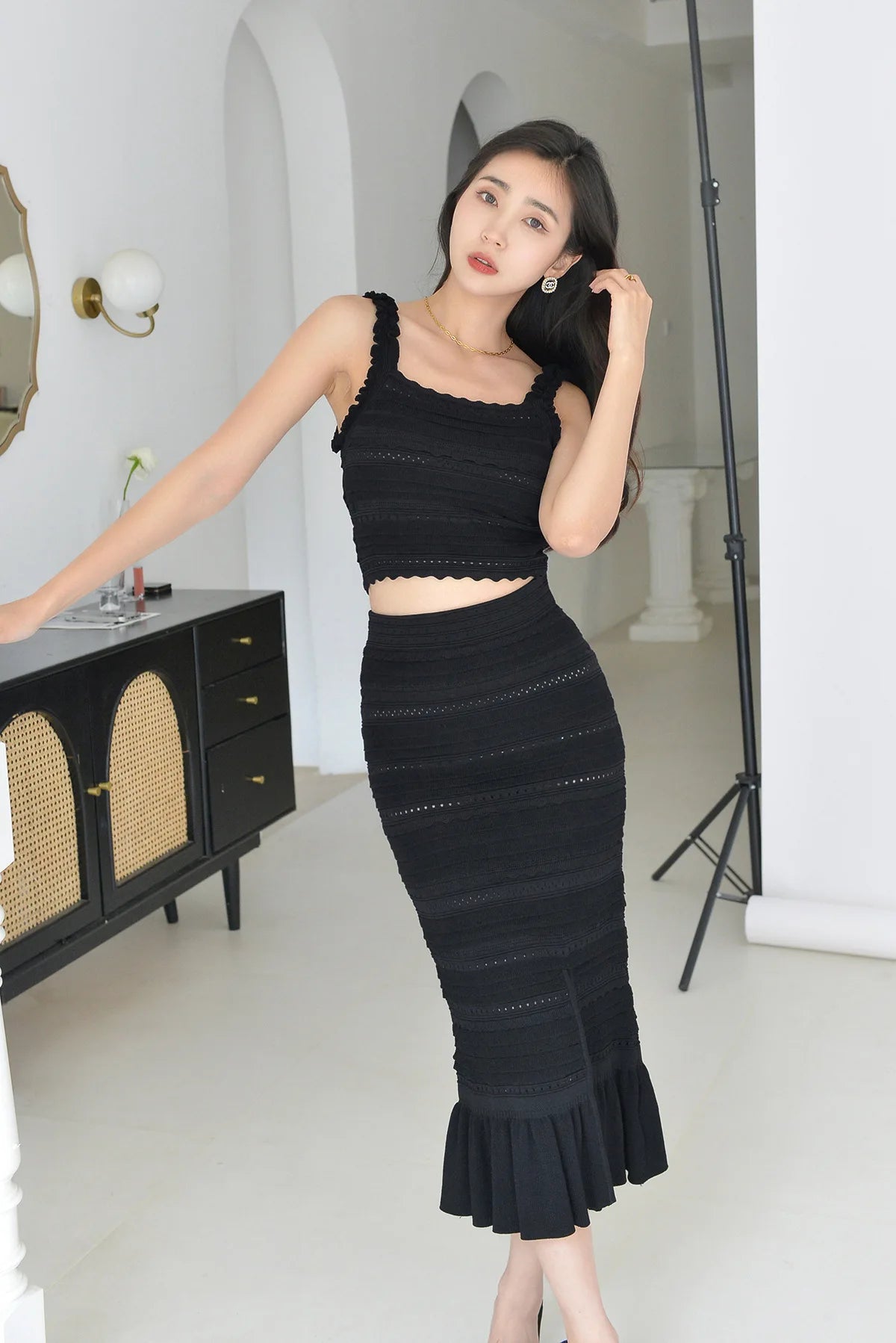 OUDINA Boutique Fashion Casual Elegant Ruffled Knit Camisole Sleeveless Tops Skirt Black Women Two Piece Set