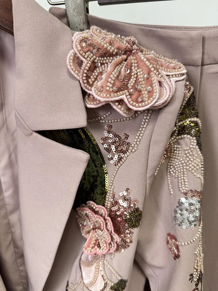 OUDINA Factory Wholesale Embroidered Sequins Flower Jacket Wide Leg Pants Suits and Blazer Two Piece Set Women's Suits & Blazers