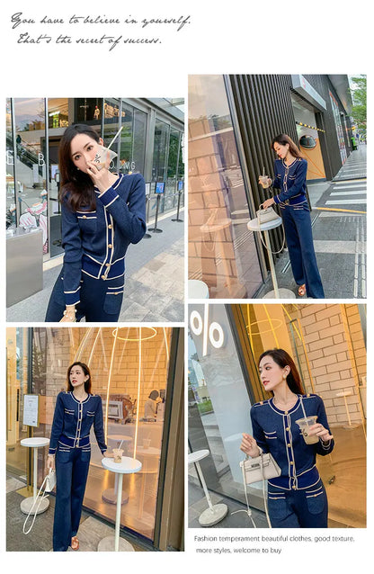 Luxury Elegant Trousers Suit Knitted Bright Cardigan set