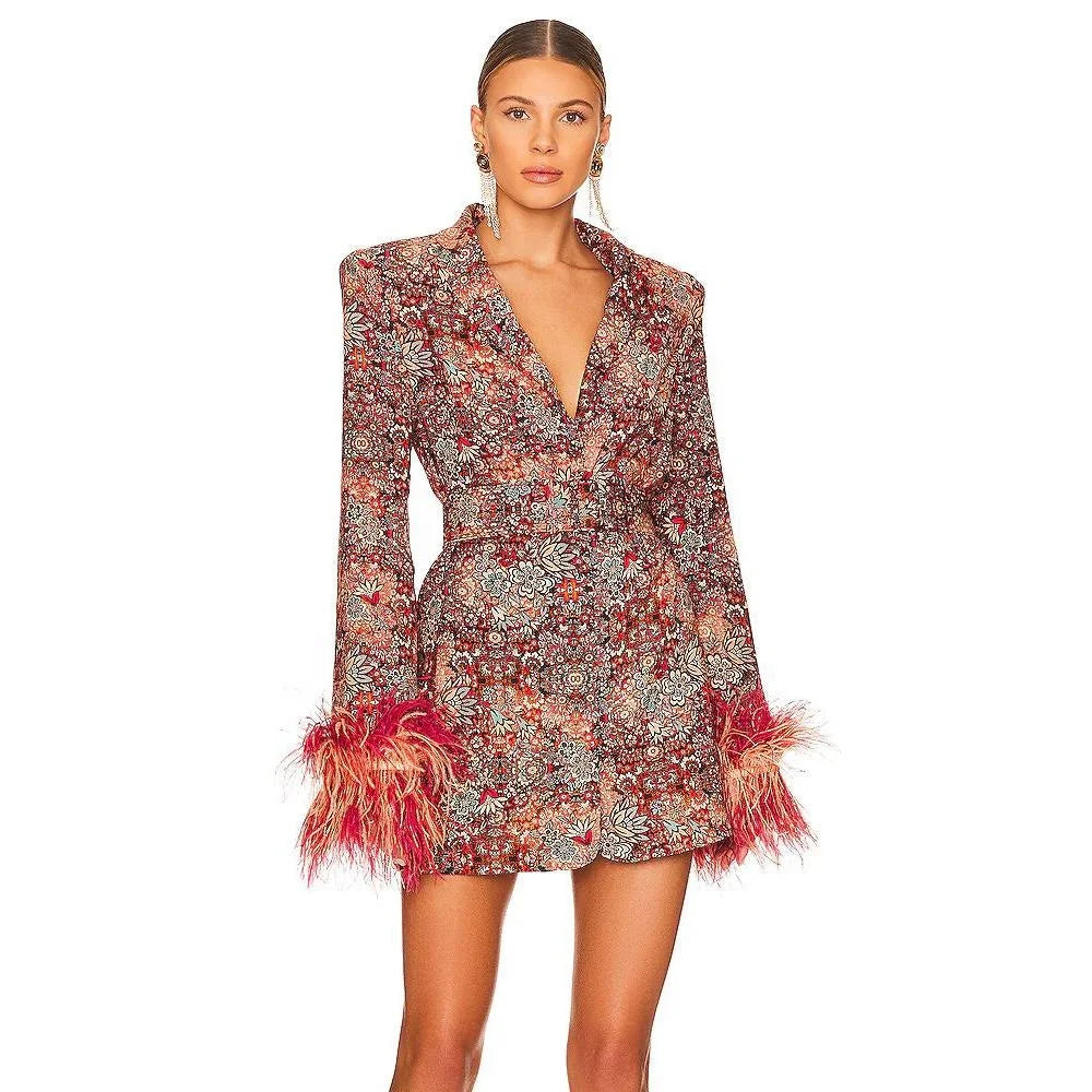 OUDINA Fashionable Women's Floral Dress Cuffs Decorated Feathers Elegant Jacket Blazers Suits Woman Blazer
