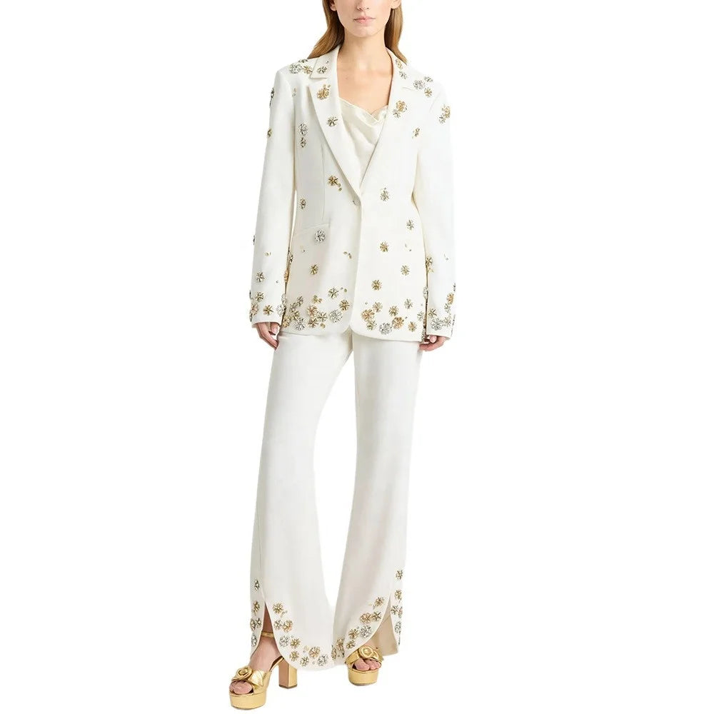 OUDINA New European Heavily Embellished Bead Rhinestone Accents Blazer Pants Suit Two Piece Plus Size Women's Suits Blazers