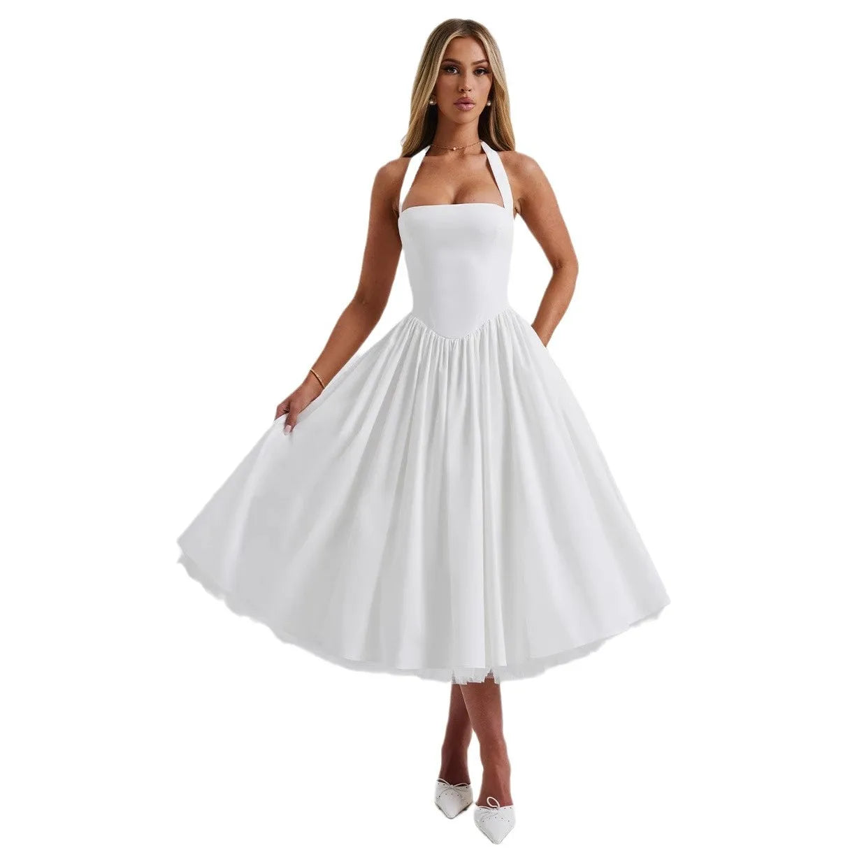 New Women's Midi Woven Casual Solid Puff Skirt Dresses Breathable A-Line Silhouette for Spring and Summer - Shellss