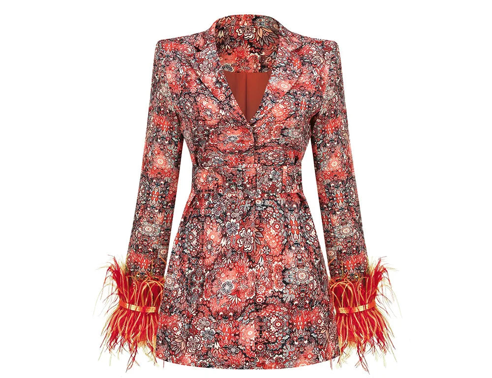 OUDINA Fashionable Women's Floral Dress Cuffs Decorated Feathers Elegant Jacket Blazers Suits Woman Blazer