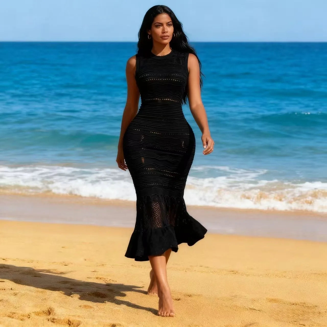 S 2025 Spring and Summer Sleeveless Slim-fit Ruffled Elegant Knitted Solid Long Skirt Dress Fresh Edge