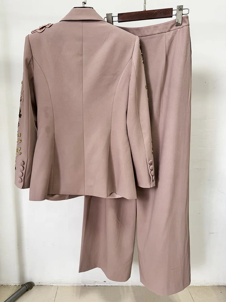 OUDINA Factory Wholesale Embroidered Sequins Flower Jacket Wide Leg Pants Suits and Blazer Two Piece Set Women's Suits & Blazers