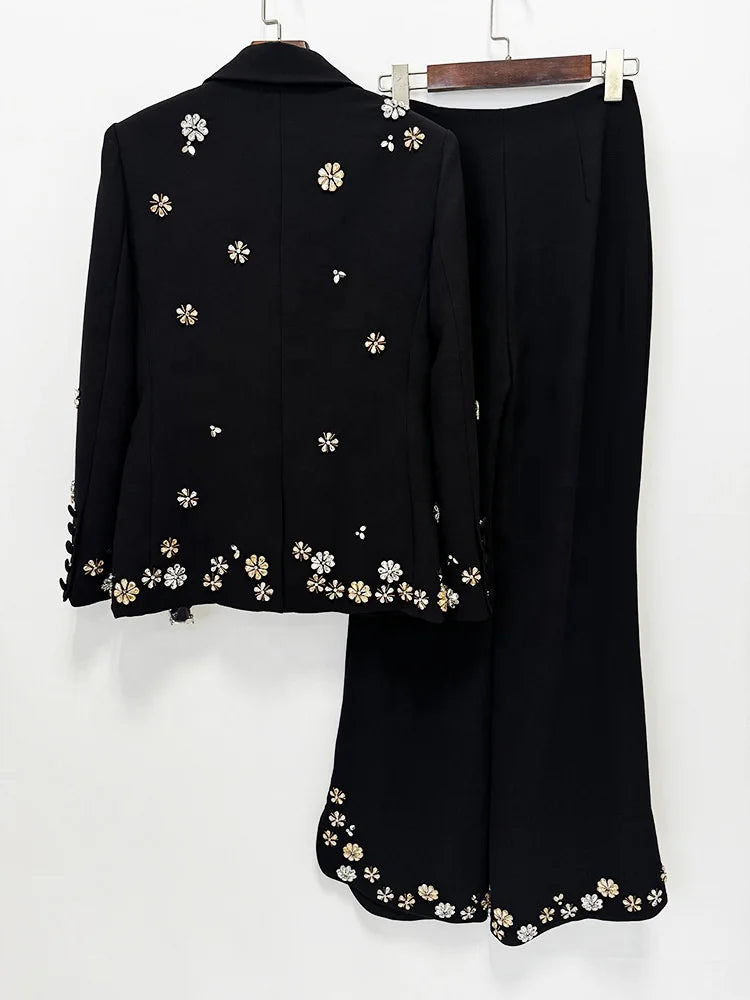 OUDINA New European Heavily Embellished Bead Rhinestone Accents Blazer Pants Suit Two Piece Plus Size Women's Suits Blazers