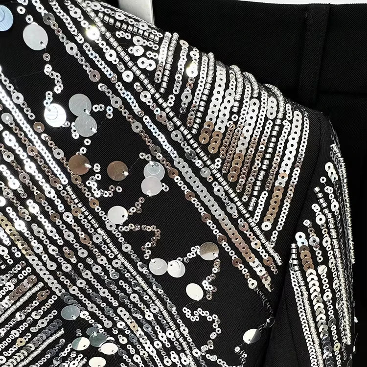 Luxury Premium Black Two Piece Suit Set Silver Sequin Blazer Long Pants Formal Evening Party Formal Suits for Women