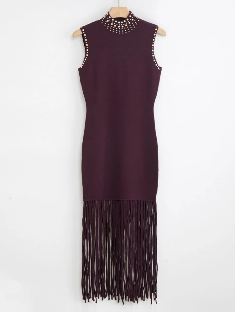 High Quality Hot Drilling Lady Summer Sleeveless Wear Women Turtleneck Knitted Slim Fitted Slit Tassel Solid Long Dresses