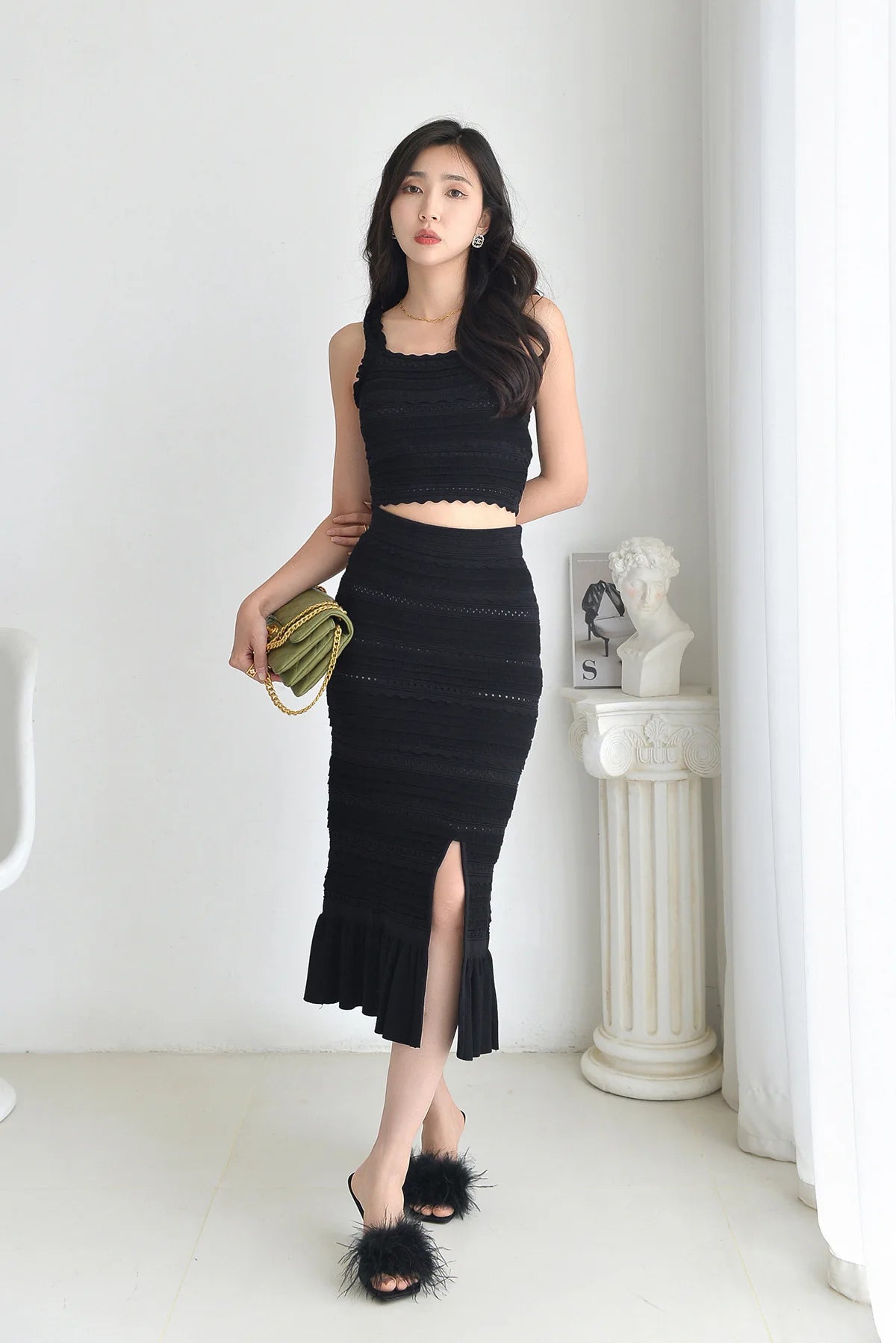 OUDINA Boutique Fashion Casual Elegant Ruffled Knit Camisole Sleeveless Tops Skirt Black Women Two Piece Set