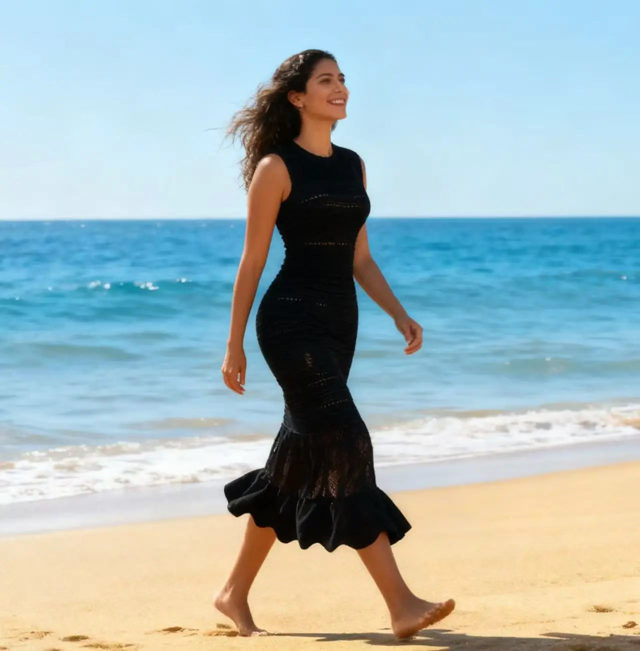 S 2025 Spring and Summer Sleeveless Slim-fit Ruffled Elegant Knitted Solid Long Skirt Dress Fresh Edge