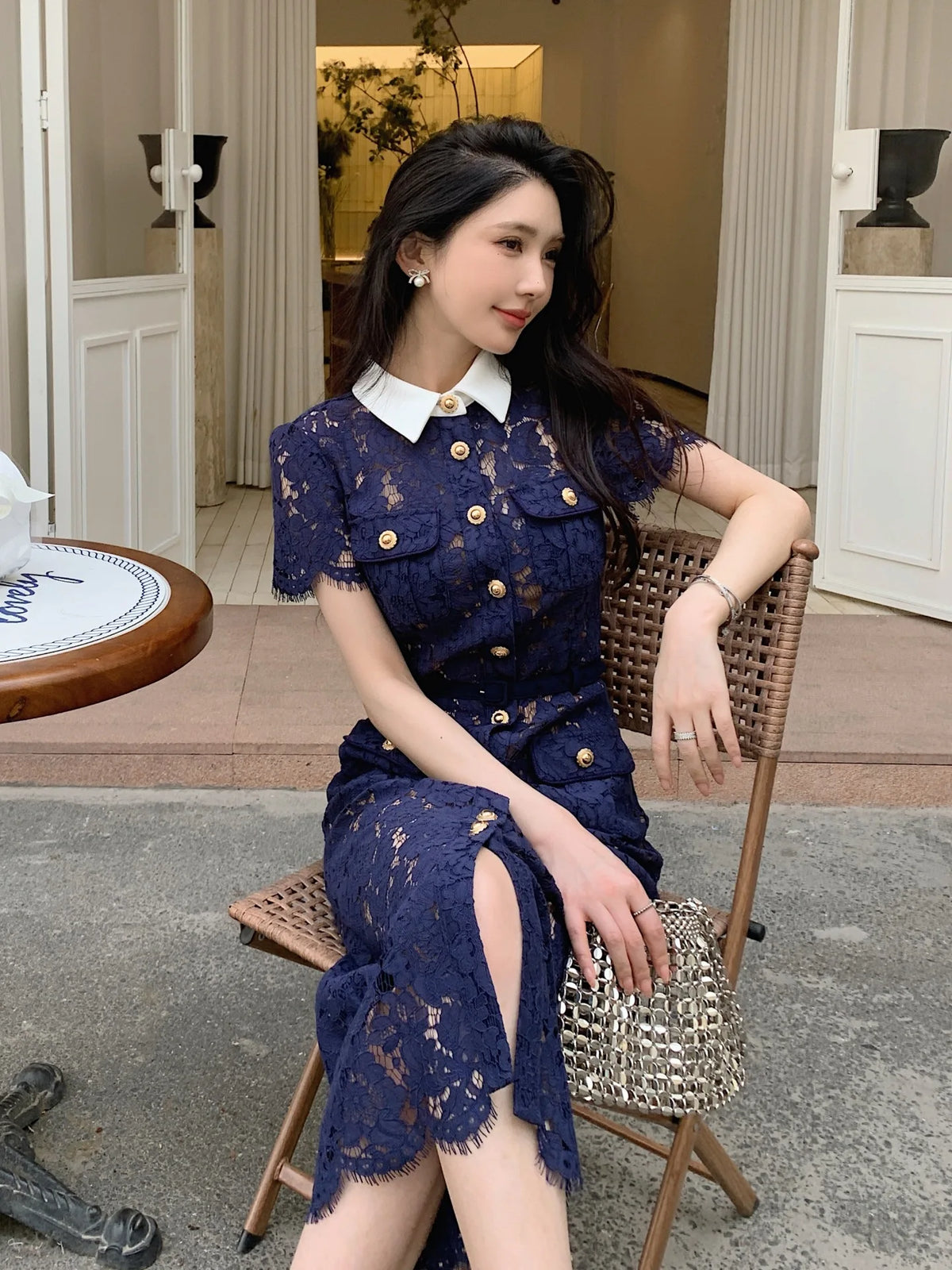 Womens Lace Mid-calf Dresses Hollow Out Turndown Collar Elegant Short Sleeve Single Breasted Casual Dress