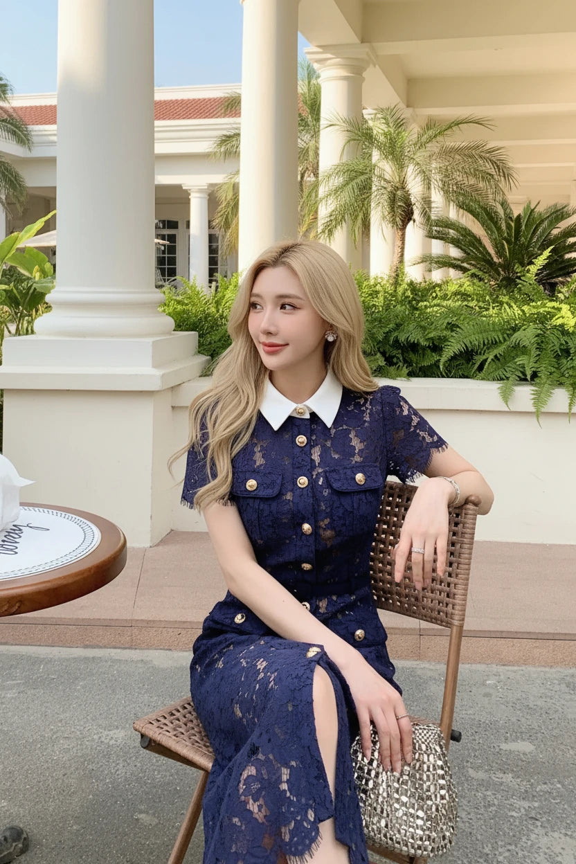 Womens Lace Mid-calf Dresses Hollow Out Turndown Collar Elegant Short Sleeve Single Breasted Casual Dress