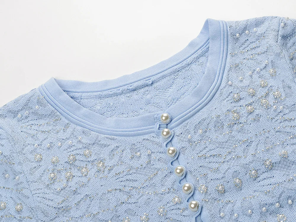 2026 Lady Fine Workmanship Jacquard Lace Beading Wear O-neck Short Sleeve Knits Solid Pleated Long Dress With Slips Lining