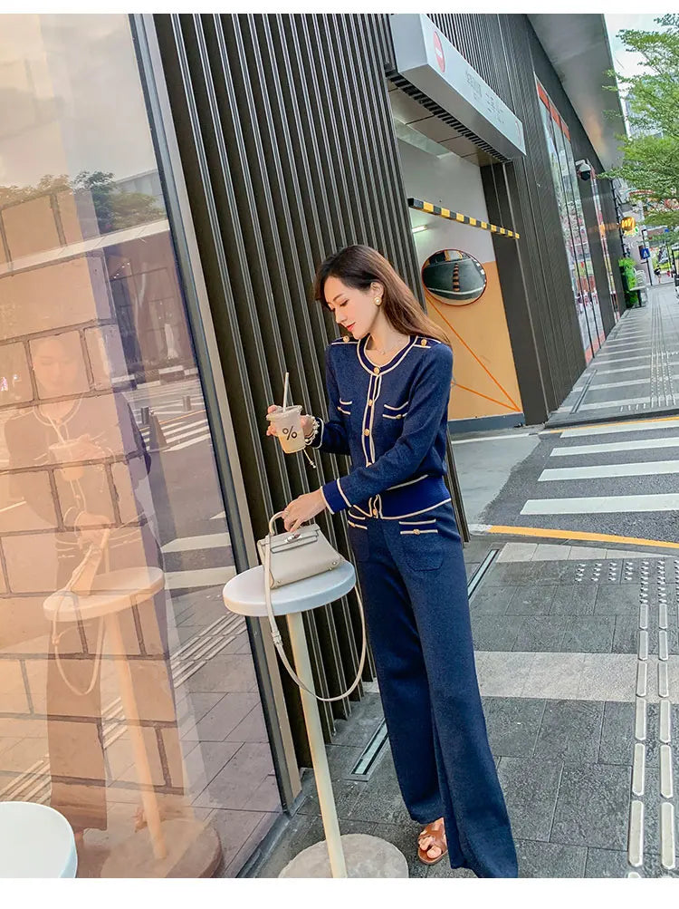 Luxury Elegant Trousers Suit Knitted Bright Cardigan set