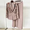 OUDINA Factory Wholesale Embroidered Sequins Flower Jacket Wide Leg Pants Suits and Blazer Two Piece Set Women's Suits & Blazers