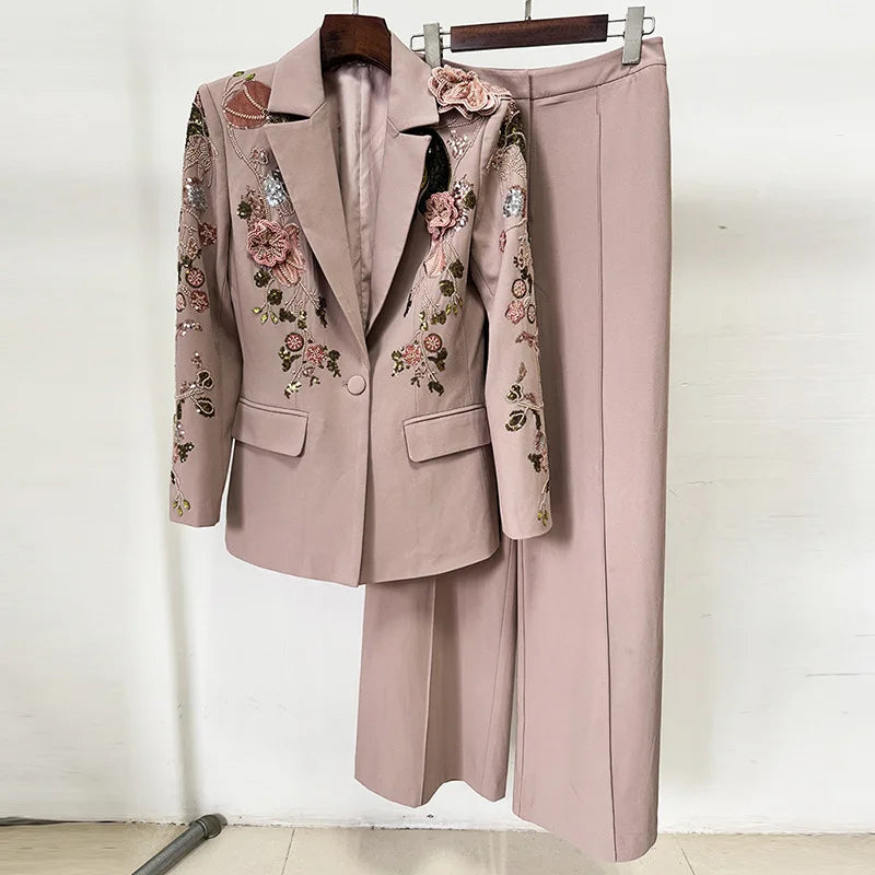 OUDINA Factory Wholesale Embroidered Sequins Flower Jacket Wide Leg Pants Suits and Blazer Two Piece Set Women's Suits & Blazers