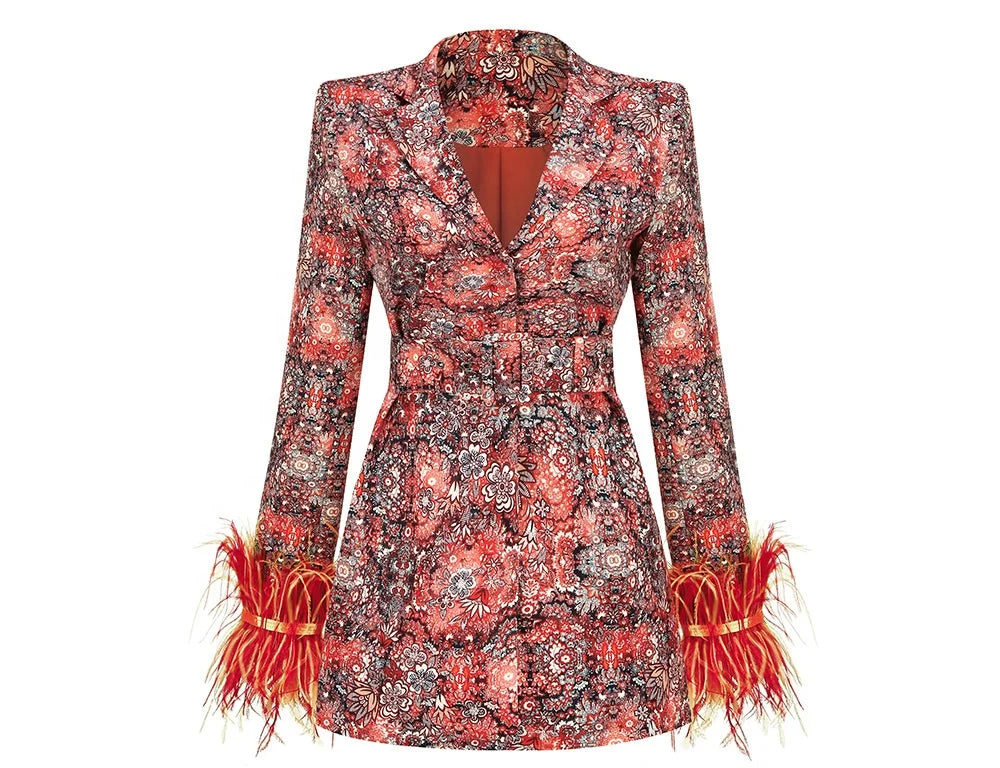 OUDINA Fashionable Women's Floral Dress Cuffs Decorated Feathers Elegant Jacket Blazers Suits Woman Blazer
