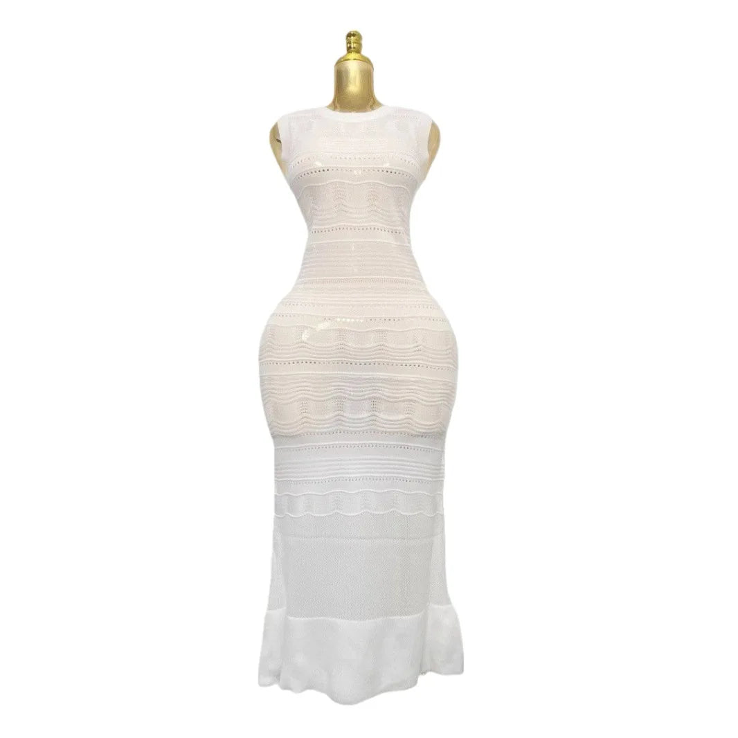 S 2025 Spring and Summer Sleeveless Slim-fit Ruffled Elegant Knitted Solid Long Skirt Dress Fresh Edge