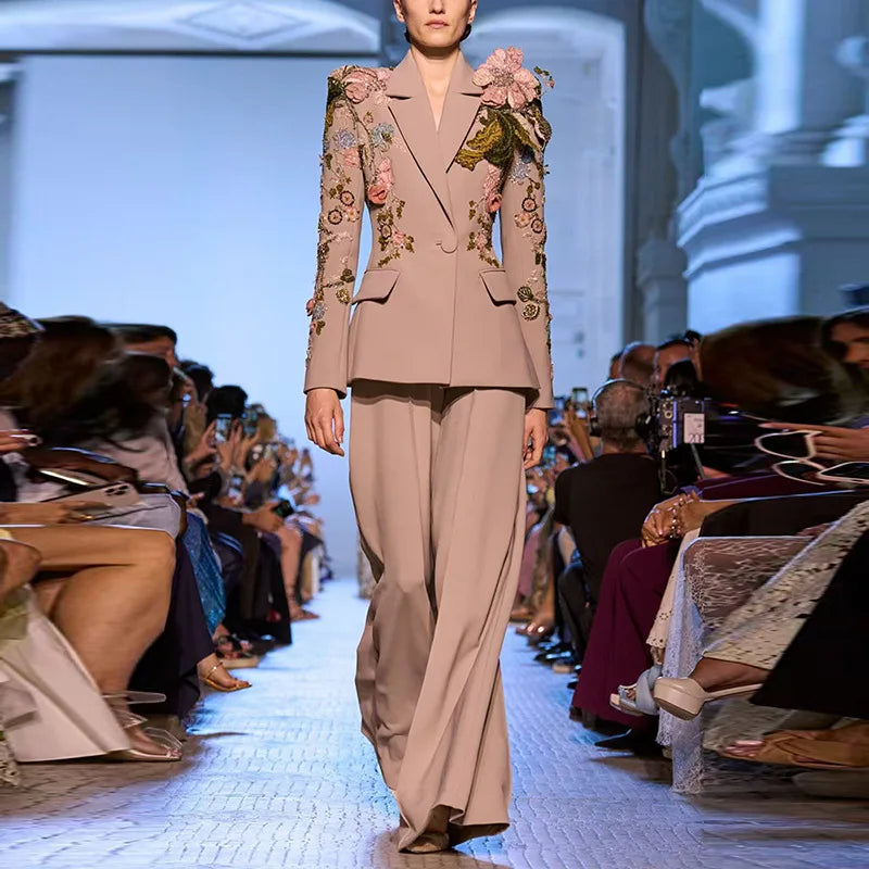 OUDINA Factory Wholesale Embroidered Sequins Flower Jacket Wide Leg Pants Suits and Blazer Two Piece Set Women's Suits & Blazers