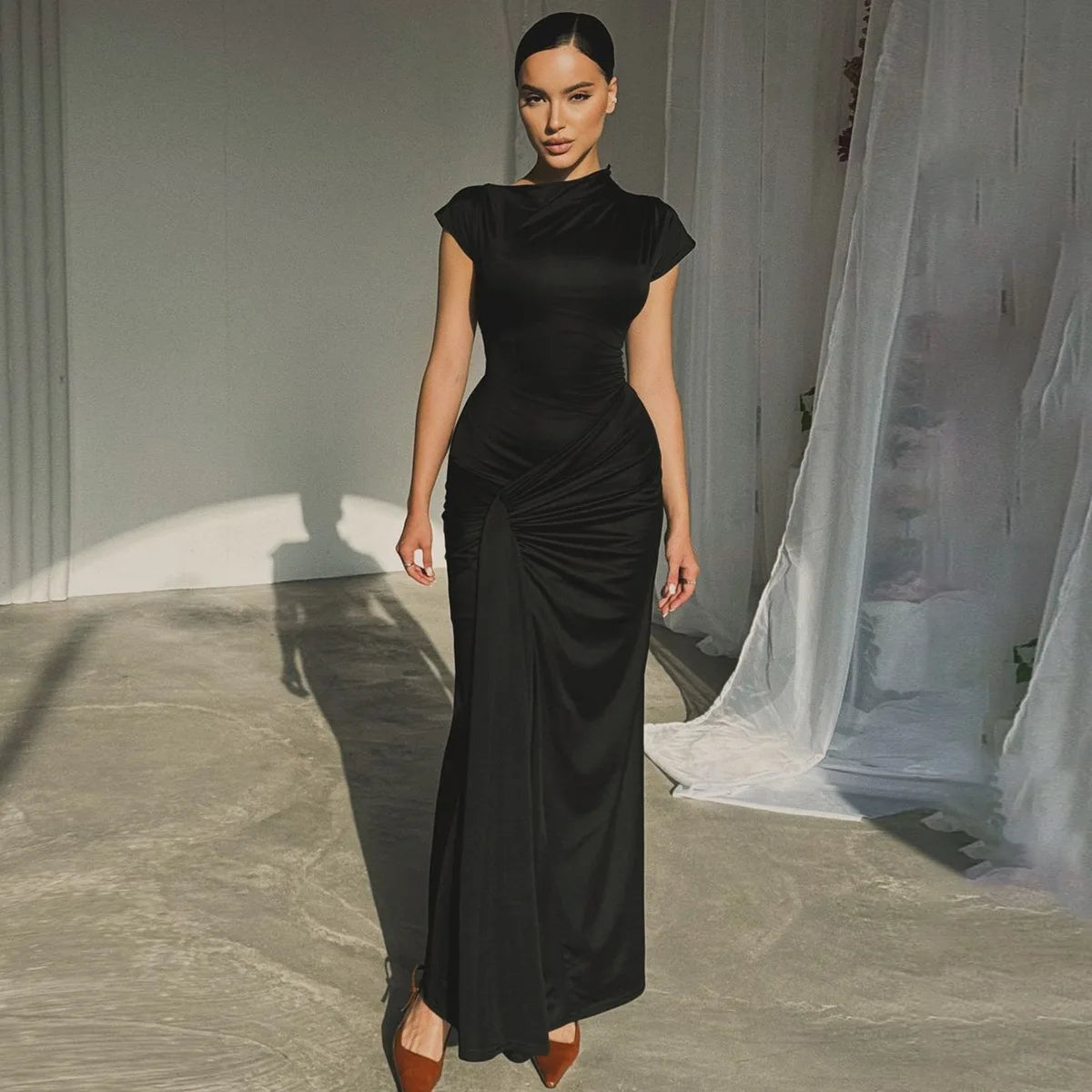 Front knot drape Long dress clio