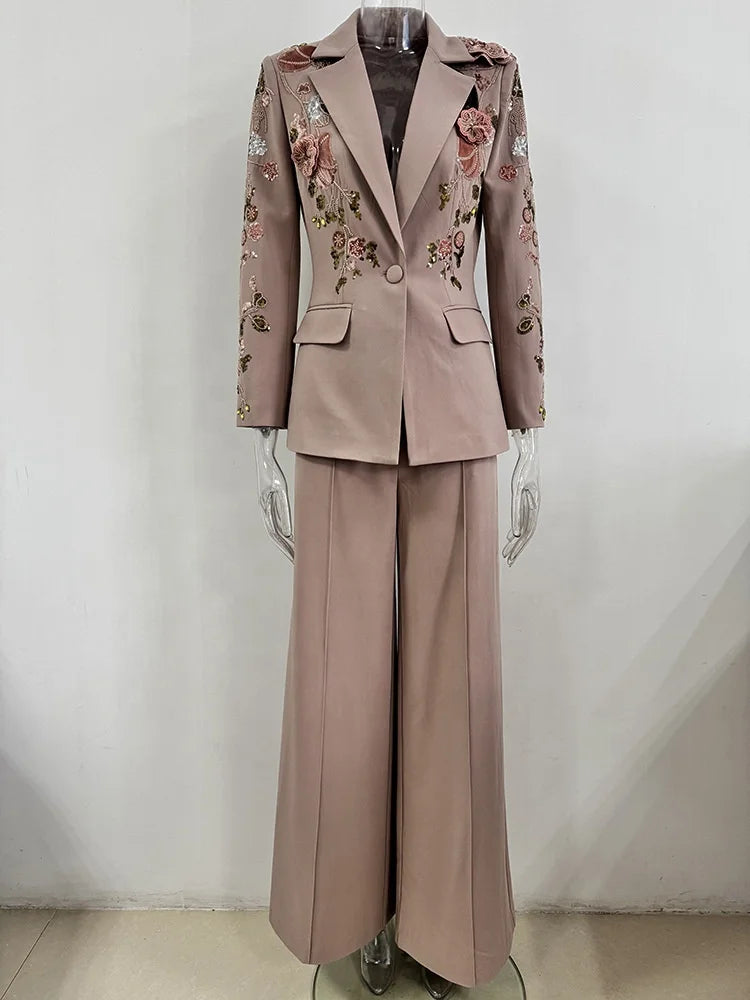 OUDINA Factory Wholesale Embroidered Sequins Flower Jacket Wide Leg Pants Suits and Blazer Two Piece Set Women's Suits & Blazers