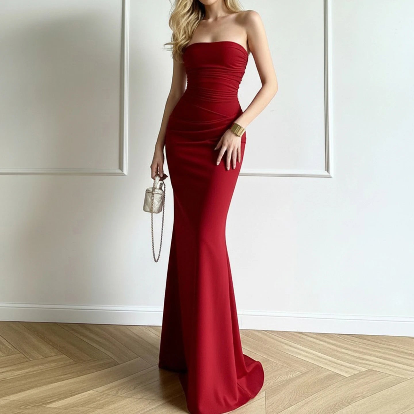 Red Pleated Strapless Dress Clio