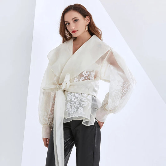 Embroidered Lapel Blouse