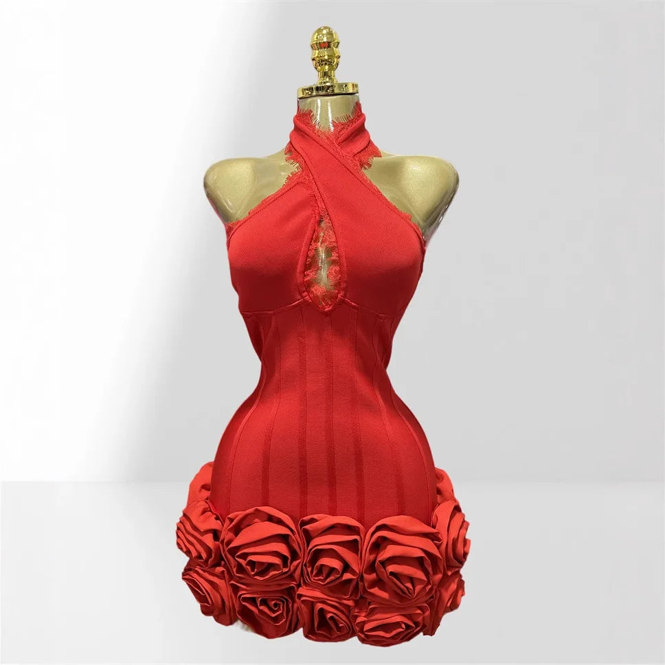 Red Mini party Dress with Rosses