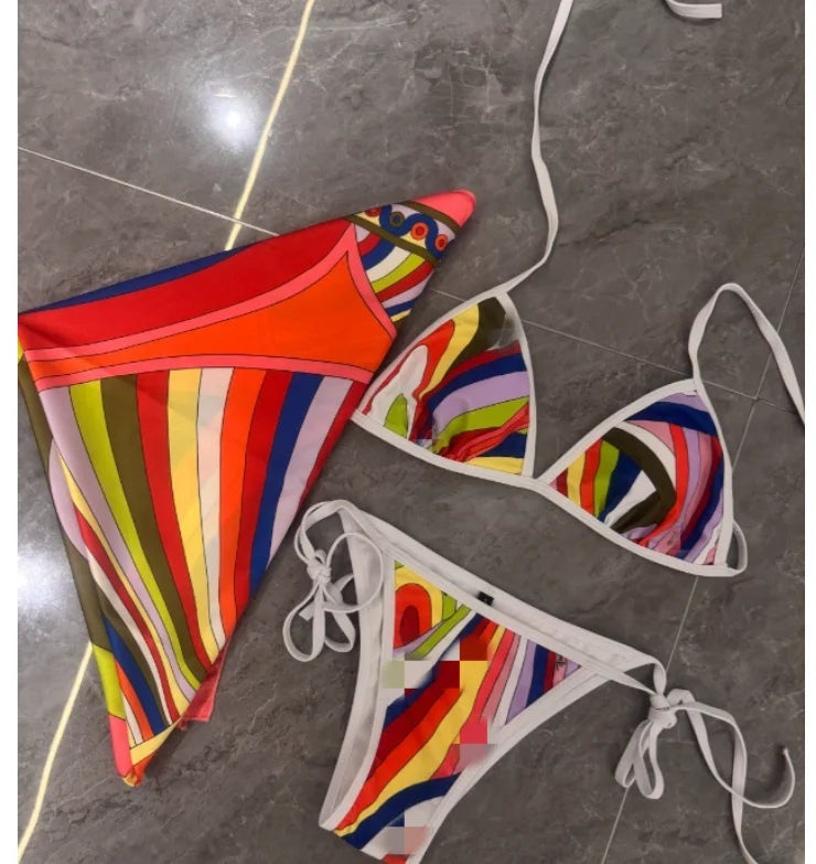 New STOCK Fashion 4 Pieces Swimwear With Headband Big Beach Scarfs Sexy Women Designer Bikini Set