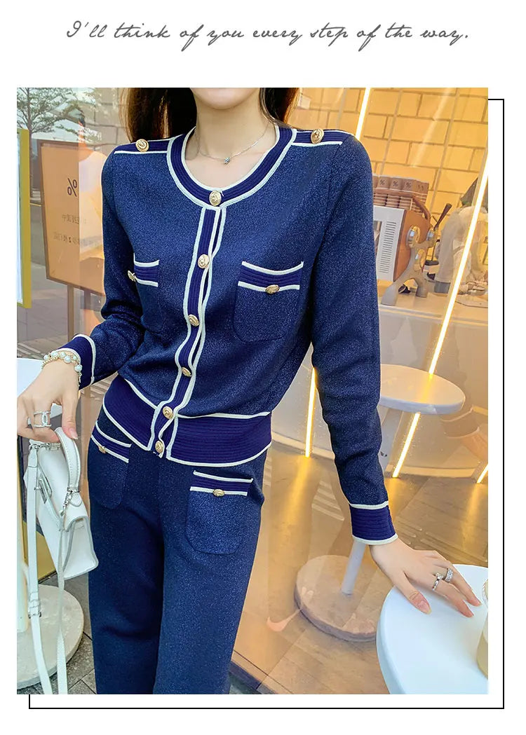 Luxury Elegant Trousers Suit Knitted Bright Cardigan set