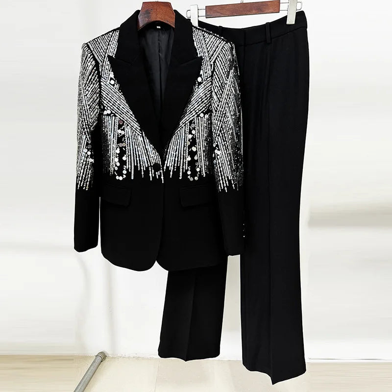 Luxury Premium Black Two Piece Suit Set Silver Sequin Blazer Long Pants Formal Evening Party Formal Suits for Women