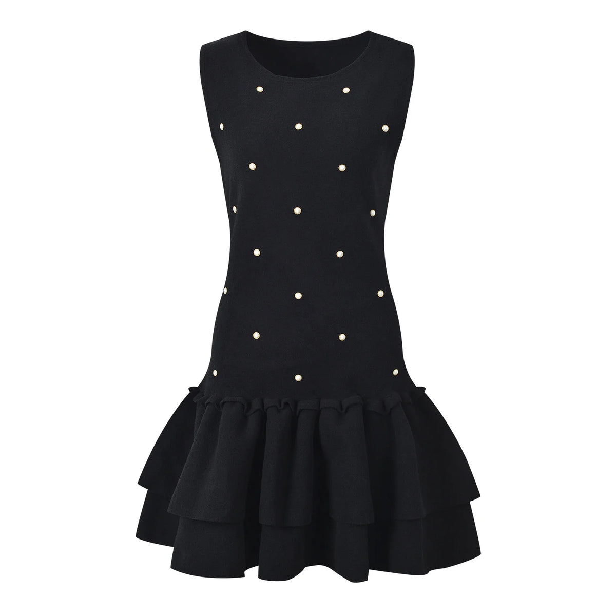 Fine Workmanship Beading Lady Sleeveless Solid Casual Wear O-necke Women Short Mini Knitted Ball Gown Dress