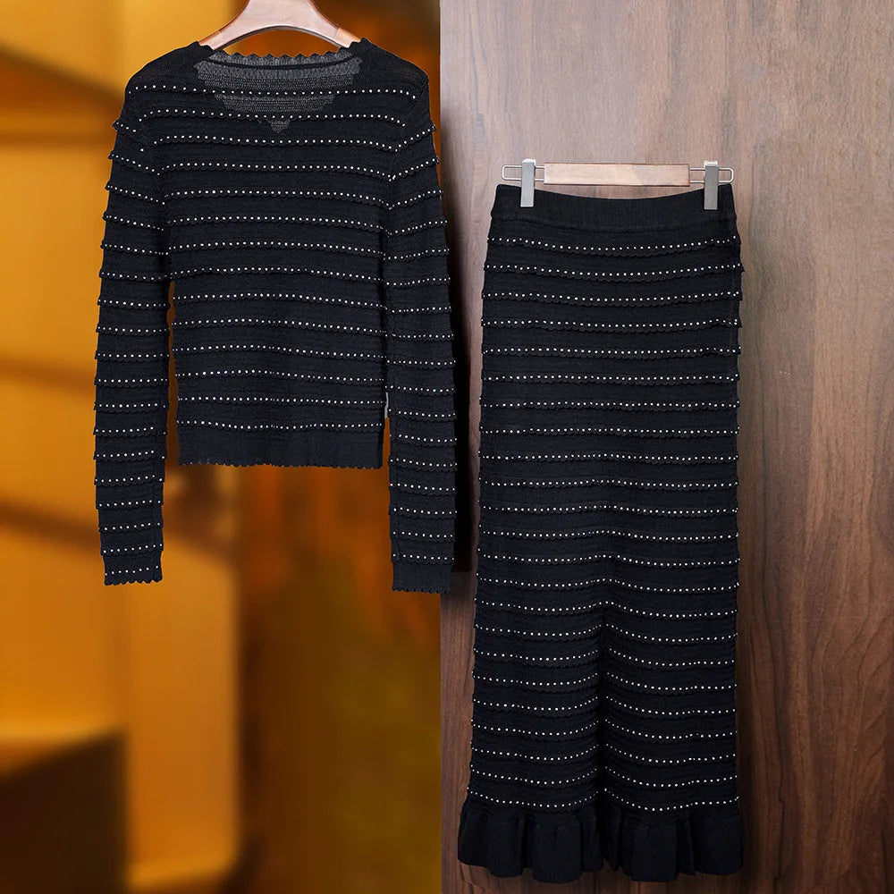 Quality Hot Drilling 2025 Lady Autumn Elegant Style Suit V-neck Long Sleeve Single-breasted Cardigan Midi Skirt Women Knit 2pcs