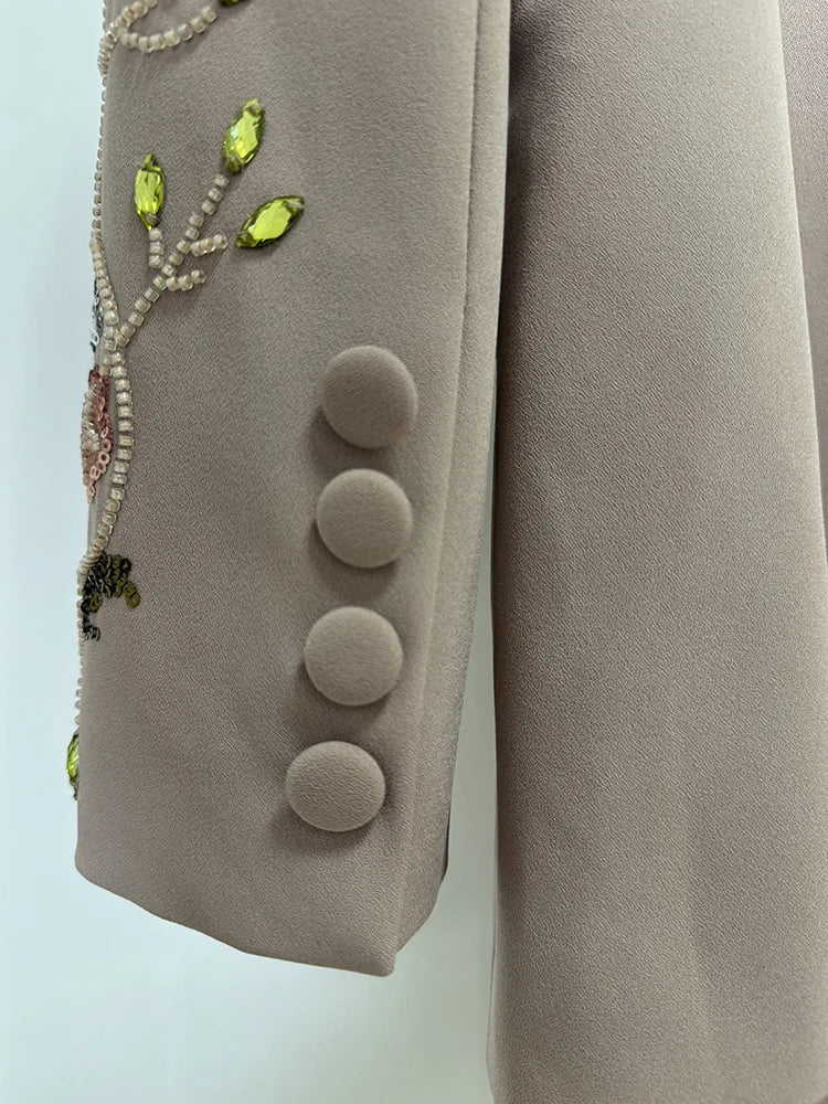 OUDINA Factory Wholesale Embroidered Sequins Flower Jacket Wide Leg Pants Suits and Blazer Two Piece Set Women's Suits & Blazers