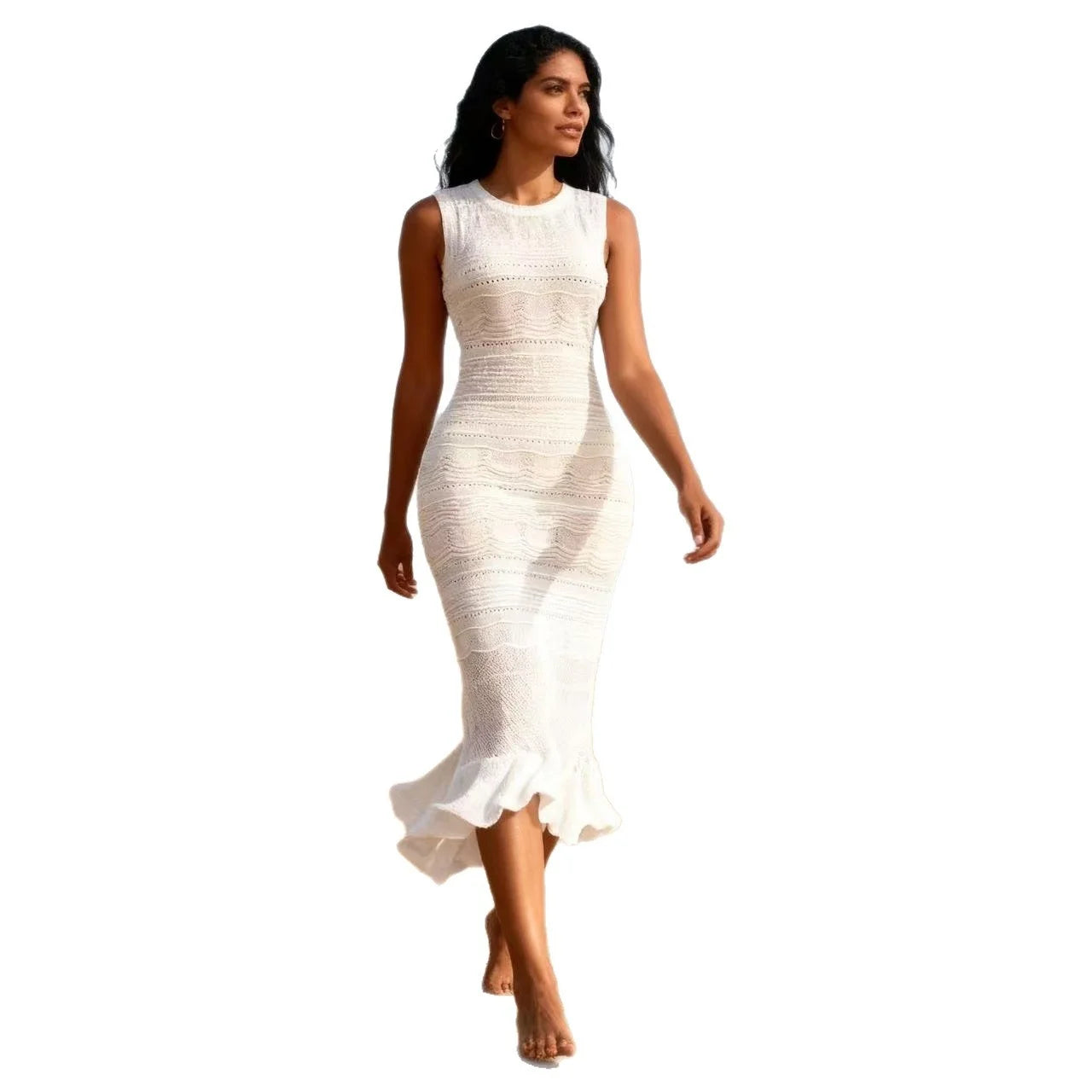 S 2025 Spring and Summer Sleeveless Slim-fit Ruffled Elegant Knitted Solid Long Skirt Dress Fresh Edge