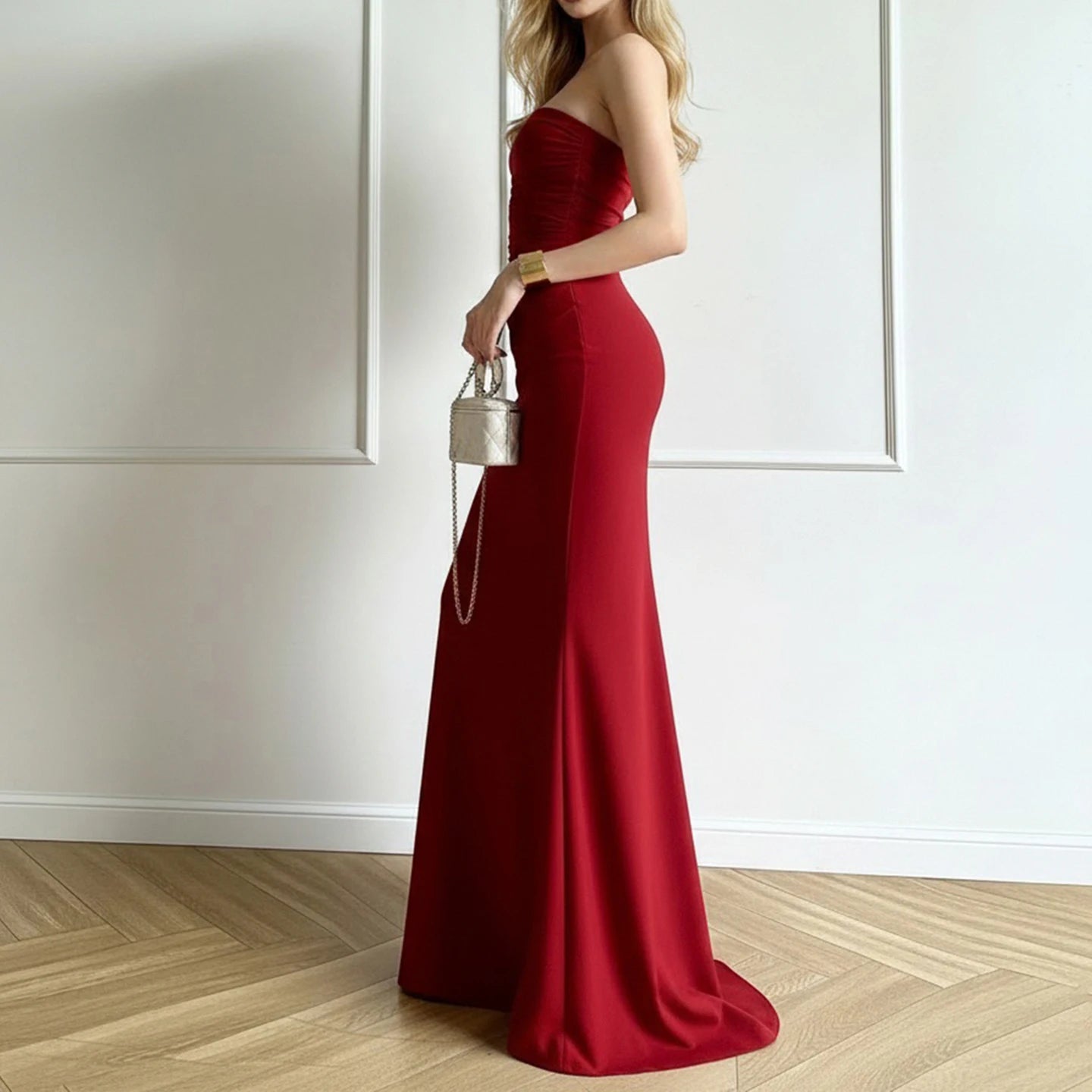 Red Pleated Strapless Dress Clio