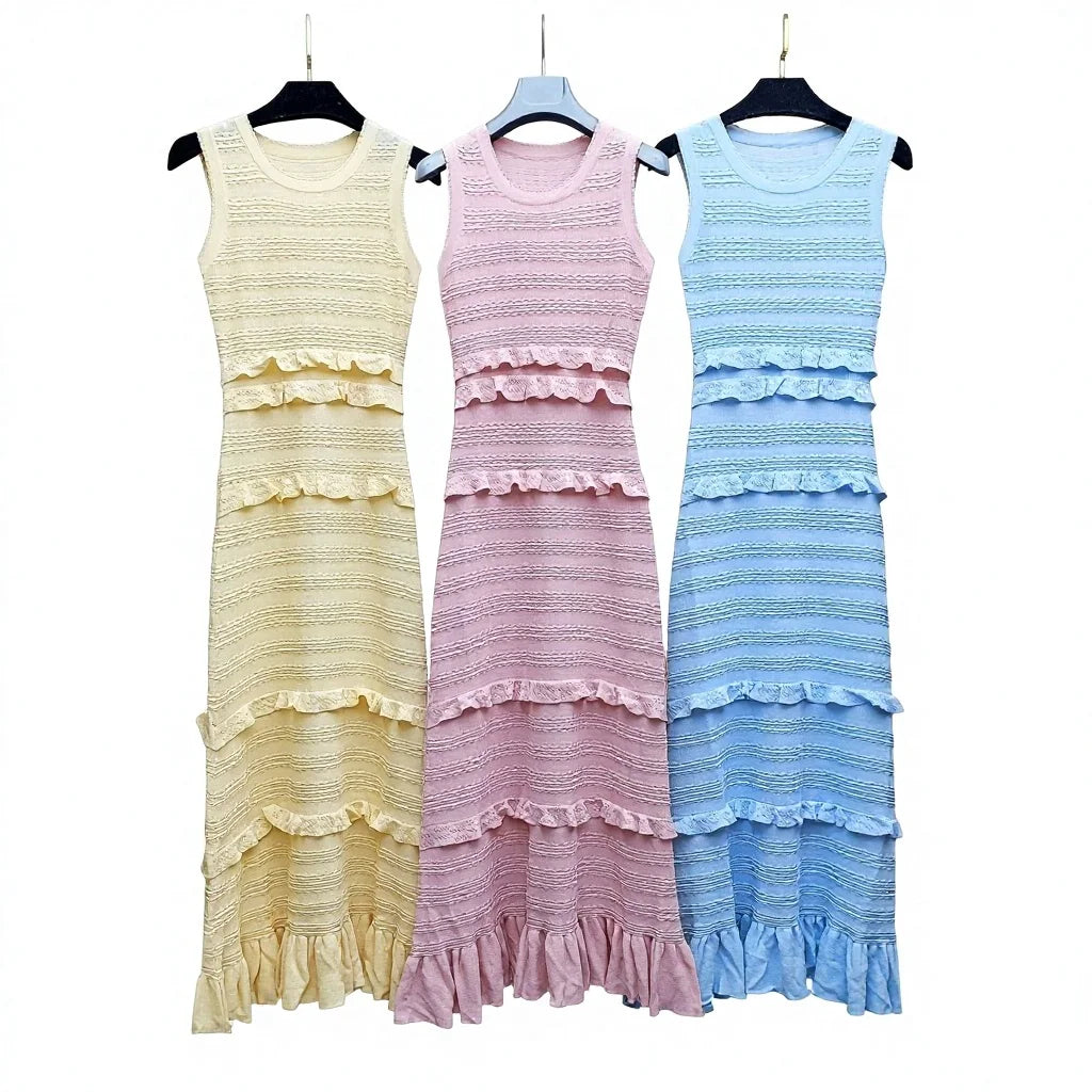 25 Spring and Summer New French Socialite Lace Slim-fit Knitted Cardigan Jacket Ruffled Sleeveless A-Line Solid Dress