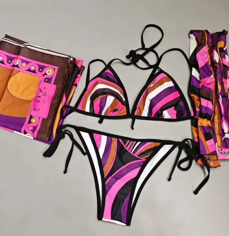 New STOCK Fashion 4 Pieces Swimwear With Headband Big Beach Scarfs Sexy Women Designer Bikini Set