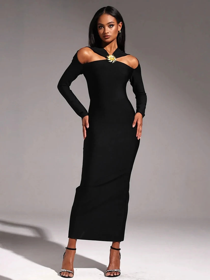 Black Party Dress with Gold metal flower