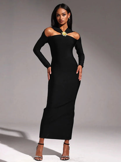 Black Party Dress with Gold metal flower