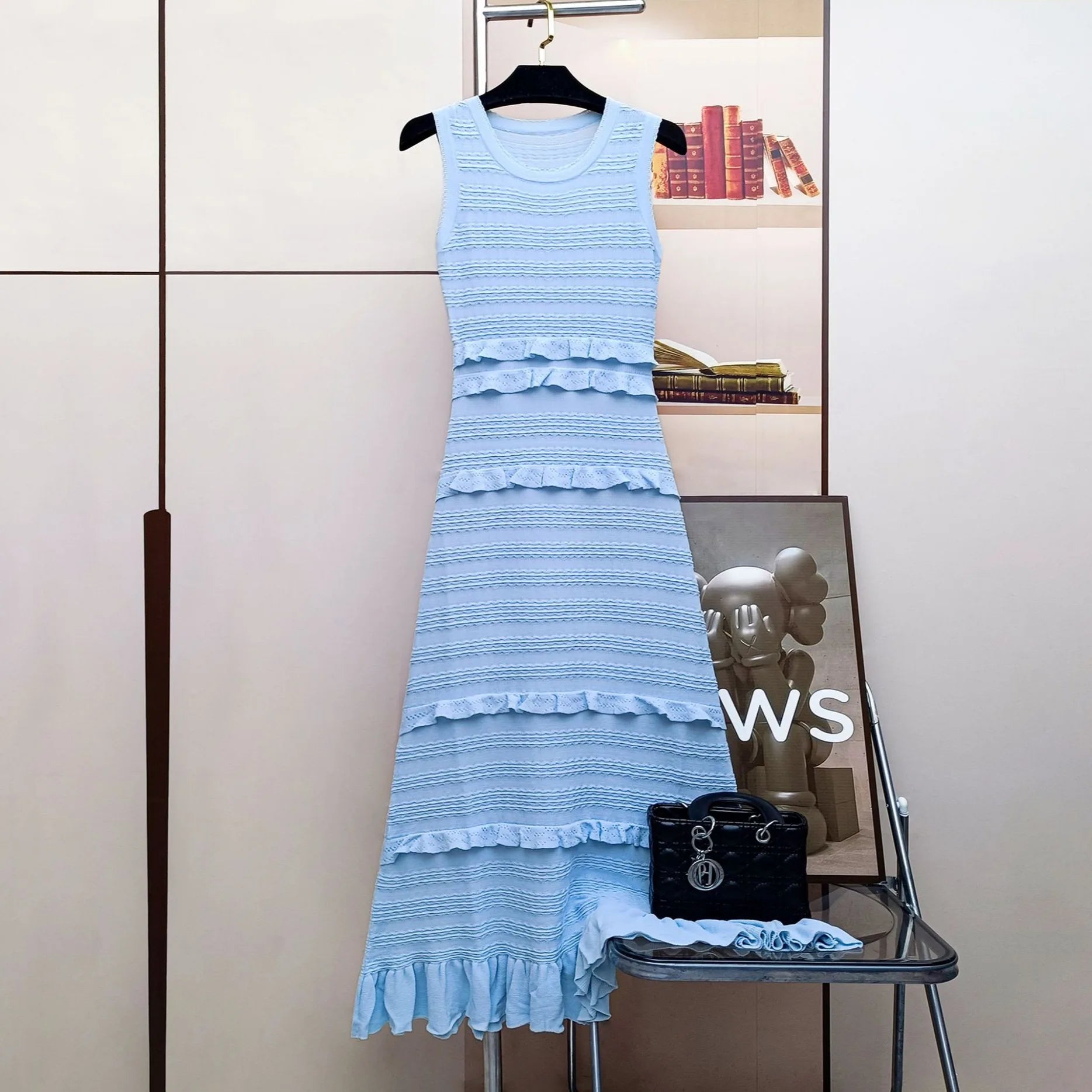 25 Spring and Summer New French Socialite Lace Slim-fit Knitted Cardigan Jacket Ruffled Sleeveless A-Line Solid Dress