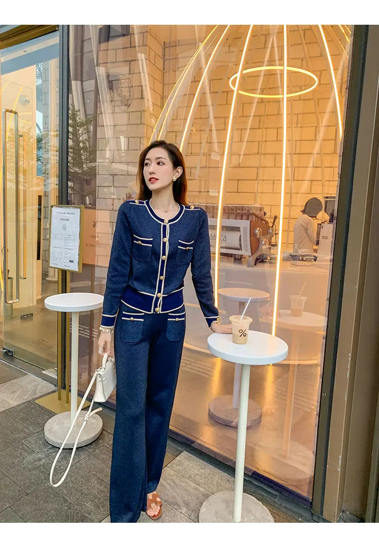 Luxury Elegant Trousers Suit Knitted Bright Cardigan set