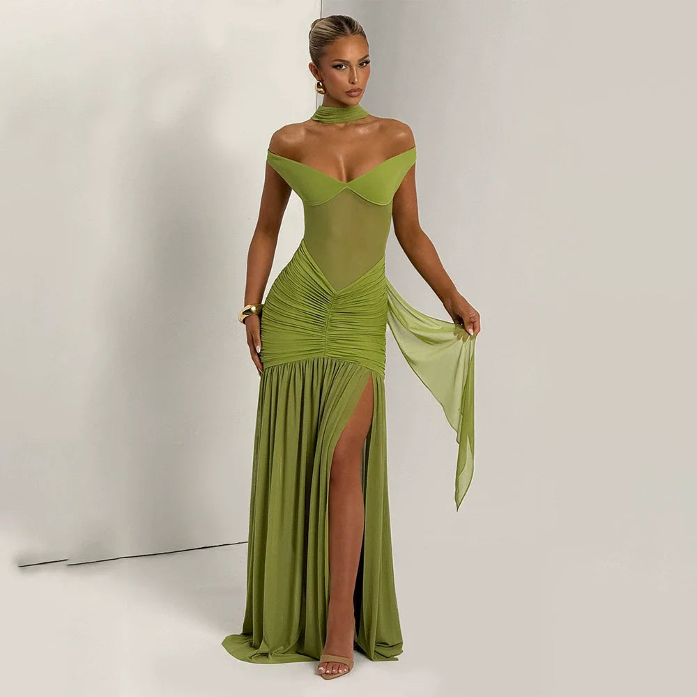 Sexy Open Back Slim Fit Tight Women Maxi Long Length Dresses Elegant Ladies Mesh Side Split Party Club Evening Dresses - Shellss