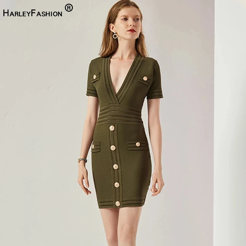 Luxury Army Green Knit Dress Boss Lady